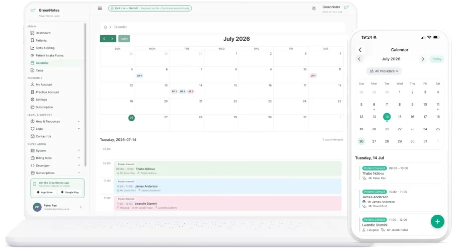 The GreenNotes calendar on laptop and phone, showing a month view and the day's booked appointments