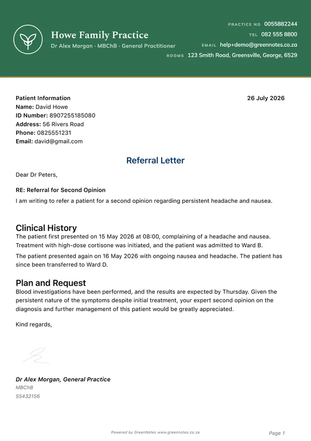 The same letter finished as a PDF on the practice's letterhead, signed and ready to send