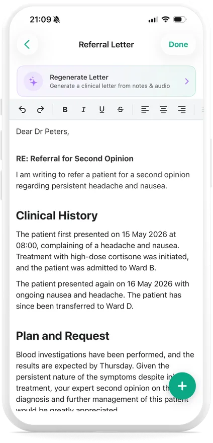The GreenNotes app on a phone showing a referral letter drafted from the consultation, with a Regenerate Letter action above it