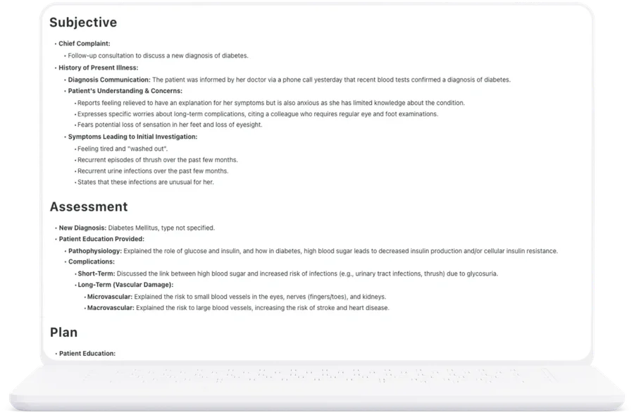 The consultation written up as a structured SOAP note on a laptop, with Subjective, Assessment and Plan sections