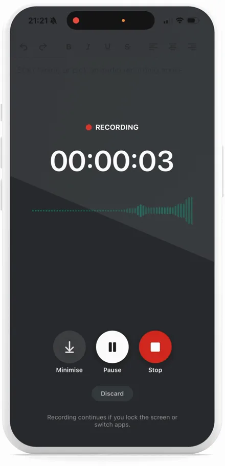 The GreenNotes recorder running on a phone, showing a live timer and waveform